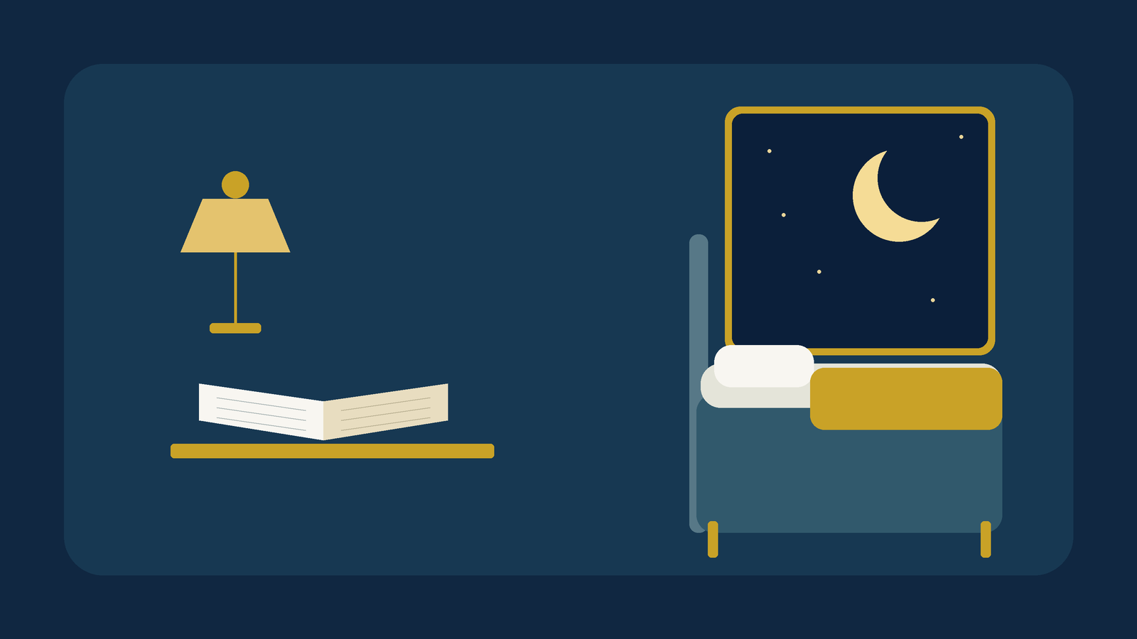 Symbolische Illustration: Mond, Bett und Buch