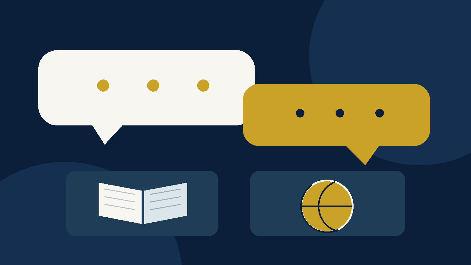 Symbolische Illustration: Sprechblasen über einem Buch und einem Ball als mögliche Freizeitwahl
