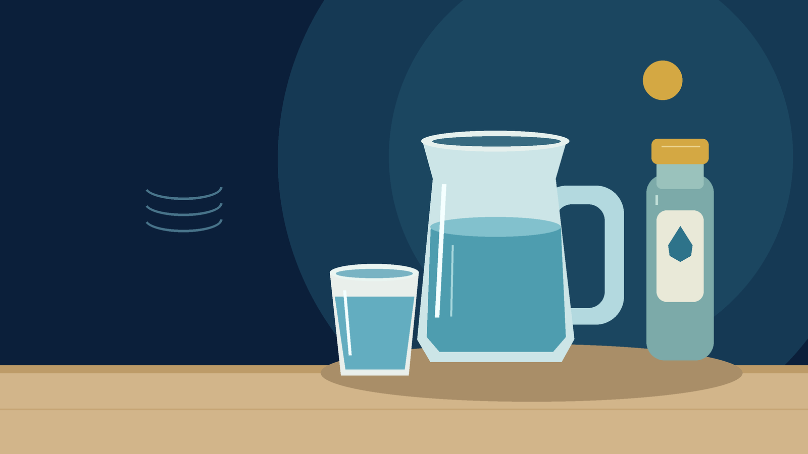 Symbolische Illustration: Karaffe, offener Becher und Trinkflasche mit Wasser